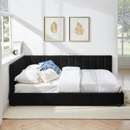 Full Size Upholstered Tufted Bed Frame, Sofa Bed Frame with Comfortable Backrest and Armrests, Full Size Bed for Bedroom, Living Room,Velvet-Black(81inch *60inch *29.5inch )