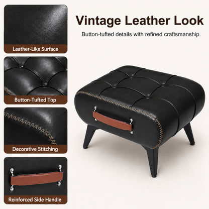 Rectangular Tufted Faux Leather Storage Ottoman with Handle & Metal Legs, Multiuse Footrest for Entryway & Small Apartment