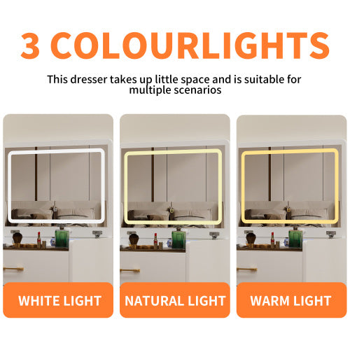 3 in 1 Vanity Desk with open Top Mirror,Make Up Vanity Set with Visible Glass Desktop,Compact Makeup Vanity with 3 Drawers and stool,Dressing Table for Bedroom