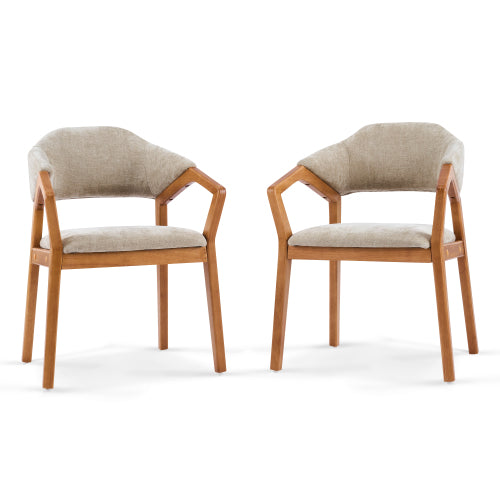 Set of 2 Oatmeal Chenille Dining Armchairs with Bent Wood Frame, Upholstered Dining Chairs