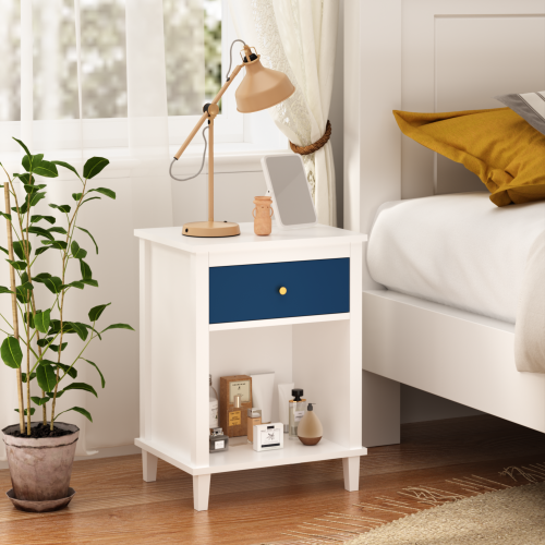 26.77''H Wooden Nightstand with One Drawer One Shelf for Kids, Adults, Navy+Golden handle