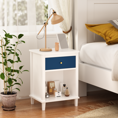 26.77''H Wooden Nightstand with One Drawer One Shelf for Kids, Adults, Navy+Golden handle