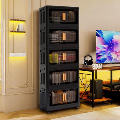 Folding Storage Cabinet with Wheels 5 Tier Collapsible Organizer Black