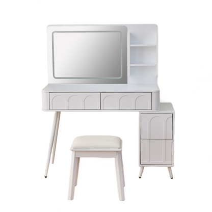 White Modern Vanity Desk Set, Fluted Wave Panel, 3 Color Dimmable LED Mirror, Adjustable Side Cabinet & PU Stool