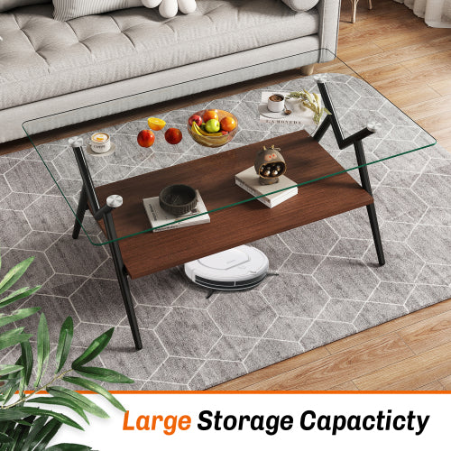 Rectangle Glass Coffee Table Black Metal Legs Modern Living Room Center Table 38 Inch