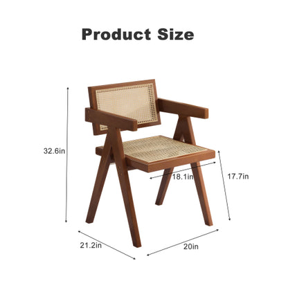 Modern Mid Century Rattan Accent Dining Chair with Armrests, Brown Finish for Living Room & Dining Room
