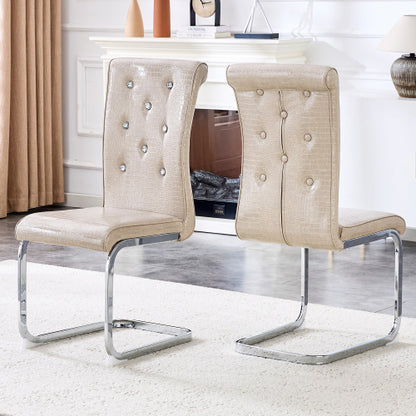 Set of 2 Retro Alligator Skin PVC Dining Chairs, Crystal Buckle Chairs with Electroplated Metal Bow Legs