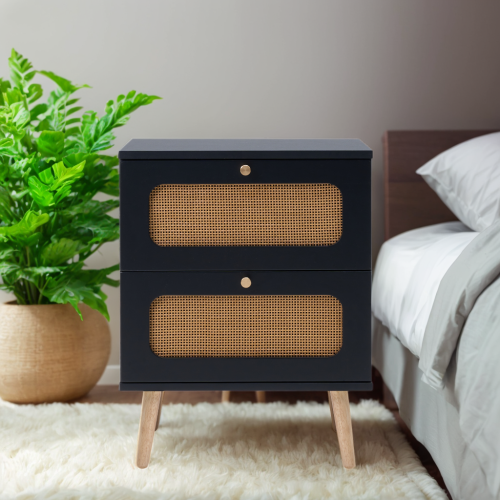 2-drawer Rattan Nightstand for Bedroom and Living Room, End Table, Side Table with 2 Hand Made Rattan Decorated Drawers