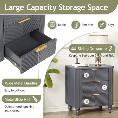 Mid-Century Fluted 3 Drawers Nightstand, Bedside Table with Curved Profile Design and Wide Gold Glossy Handles, End Table for Living Room, Bedroom, Easy Assembly, Dark Gray