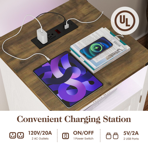 LED Nightstand with Charging Station, Farmhouse Wooden Side Table with Cabinet and Shelf