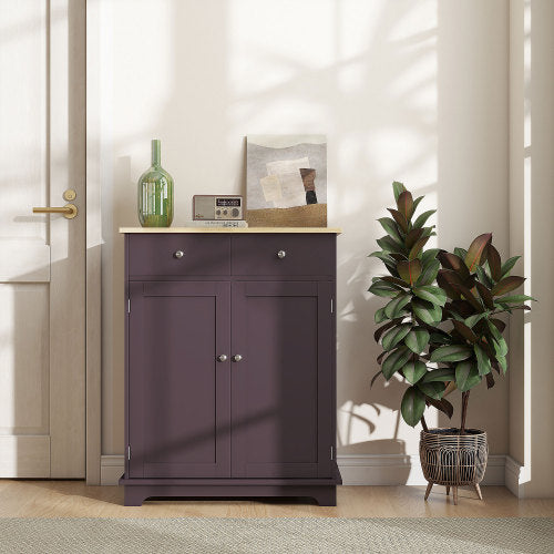 Sideboard with Solid Wood Countertop, Modern Kitchen Storage Cabinet, Coffee Bar Cabinet with 2 Drawers, Doors and Adjustable Shelf, Coffee