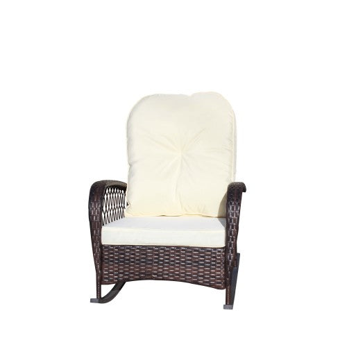 Outdoor Wicker Rocking Chair with Wide Seat, Thick, Soft Cushion, Rattan Rocker w/Steel Frame, High Weight Capacity for Patio, Garden, Backyard, Beige Cushion