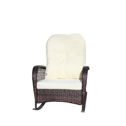 Outdoor Wicker Rocking Chair with Wide Seat, Thick, Soft Cushion, Rattan Rocker w/Steel Frame, High Weight Capacity for Patio, Garden, Backyard, Beige Cushion