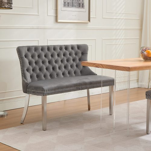 Velvet Double Dining Loveseat Bench, Kitchen & Dining Seating, 2-Seat Tufted Bench w/Handmade Buttons, Wing Back, Brushed Silver Stainless Steel Legs, Mid Century Modern,Single Pack,Gray