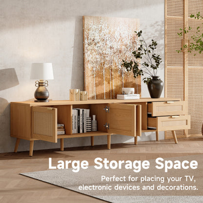 70.87 inch Natural Wood PE Rattan TV Stand 2 Drawer Media Console Fits Up To 80 Inch TV