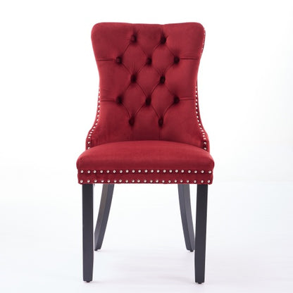 Set of 2 Burgundy Velvet Dining Chairs, Solid Wood Tufted Chairs with Triple Elastic Cushion