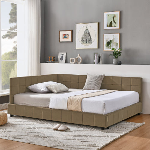 Full Size Upholstered Tufted  Bed Frame, Sofa Bed Frame with Comfortable Backrest and Armrests, Full Size Bed for Bedroom, Living Room,Velvet, BROWN(80.5inch *59inch *30.5inch )