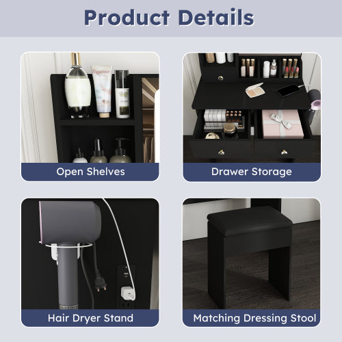 Black Small Vanity Desk w/ LED Mirror, 3 Drawers, Open Shelves, Power Socket, Hair Dryer Holder & Dressing Chair