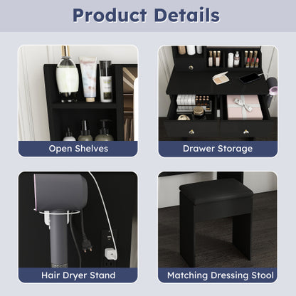 Black Small Vanity Desk w/ LED Mirror, 3 Drawers, Open Shelves, Power Socket, Hair Dryer Holder & Dressing Chair