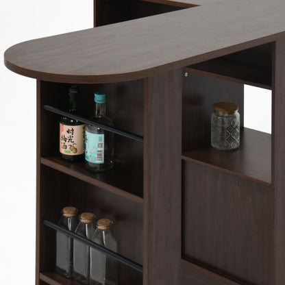 Modern Bar Cabinet with Rotating top, Counter Height Dining Cabinet with 6 Storage space and 2 Ribbed Glass Door for Kitchen, The Rotating Top with 3 Storage Shelves Dining Room, Living Room, Walnut