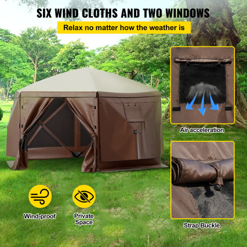 Camping Gazebo Screen Tent, 12*12ft, 6 Sided Pop-up Canopy Shelter Tent with Mesh Windows, Portable Carry Bag, Stakes, Large Shade Tents for Outdoor Camping, Lawn and Backyard, Brown/Beige