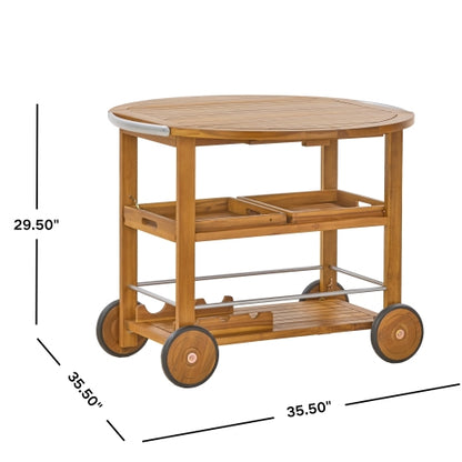 Outdoor Acacia Wood Bar Cart with Foldable Tabletop & Removable Trays, 35.5 inch Rolling Serving Cart for Patio, Deck & Backyard