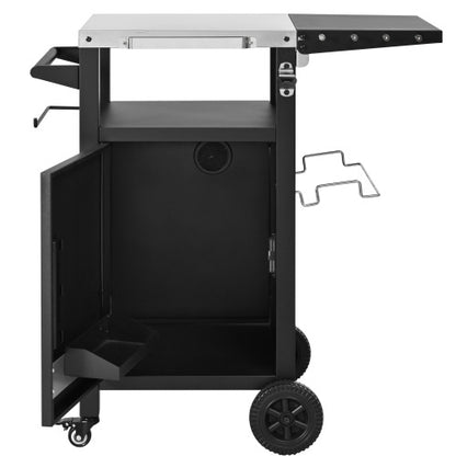 33.9 inch Outdoor Grill Cart with Drop Leaf, Outdoor Metal Bar Cart Pizza Oven Table with Wheels, Stainless Steel Top, Outdoor Kitchen Island with Storage Cabinet & Spice & Paper Rack for BBQ, Waterpr