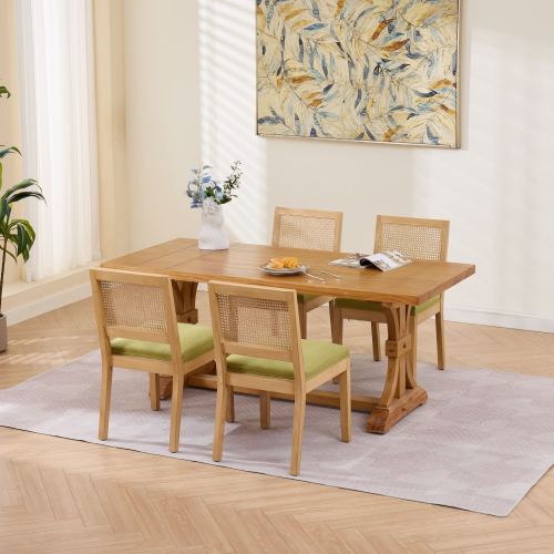 Rattan Dining Chairs Set of 2, Cane Back Side Chairs with Solid Hardwood Frame & Olive Green Seat