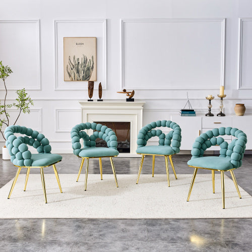 2 Pack Blue Dutch Velvet Dining Chairs, Ball-Chain Bubble Back Chairs with Gold Electroplated Metal Legs