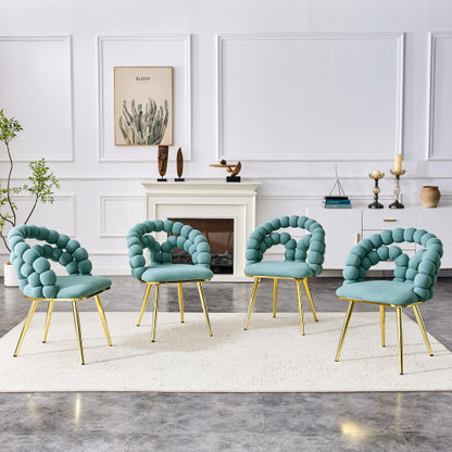 2 Pack Blue Dutch Velvet Dining Chairs, Ball-Chain Bubble Back Chairs with Gold Electroplated Metal Legs