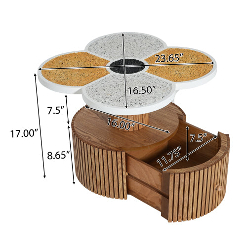 Four-Leaf Clover Side Table with Drawer, Stone Texture Top Wood-Grain Base Accent Table
