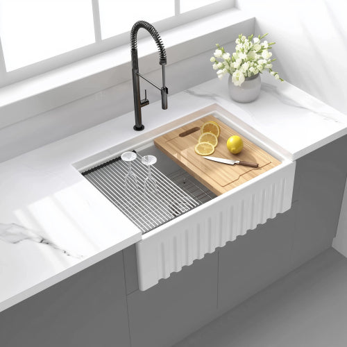 30 Inch Fireclay Farmhouse Sink-30"x 20"White Workstation Reversible Ceramic Farm Apron Front Kitchen Sink