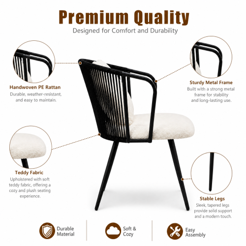 PE Rattan Dining Armchairs with Teddy Cushions and Pillows, Set of 2, Black