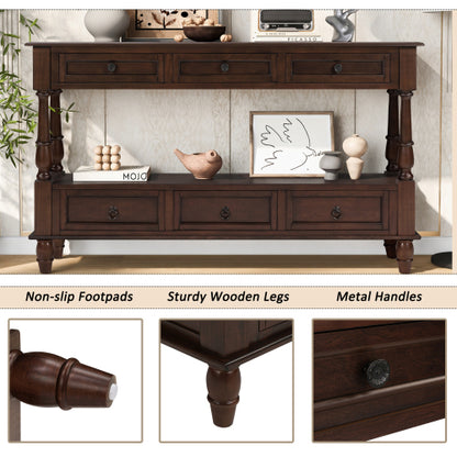 54 Inch Solid Wood Console Table with 6 Drawers & Shelf Espresso Brown