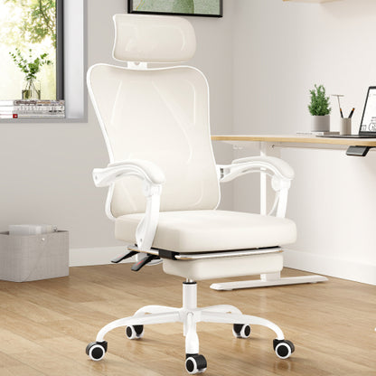 Ergonomic Office Chair with Footrest, Mesh Office Desk Chair with Headrest, High Back Computer Chair with Adjustable Lumbar Support for Home Office Study Room Bedroom, Beige