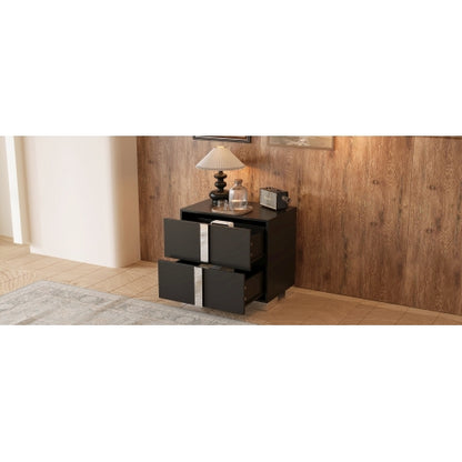 Elegant Nightstand with Metal Foot, Mirrored Bedside Table with 2 Drawers for Bedroom, Living Room, Black
