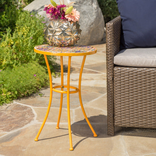 Outdoor Side Table with Tile Mosaic Table Top and Metal Legs, Yellow
