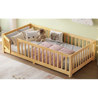 Twin Size Bed Floor Bed with Safety Guardrails and Door for Kids, Natural
