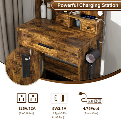 Vintage Compact LED Vanity Table Set, Power Outlet, Hairdryer Holder & Upholstered Stool