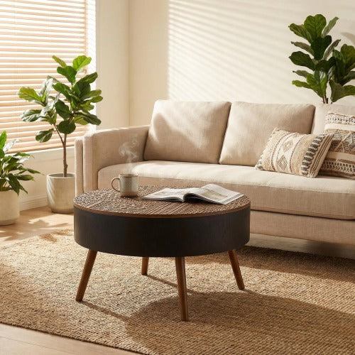 31.5 Inch Round Carved Coffee Table, Brown & Black