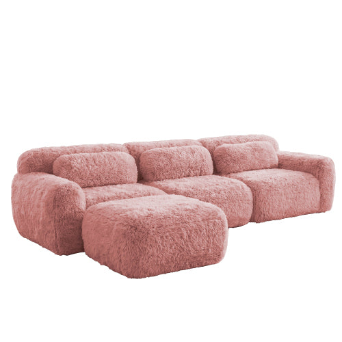 Pink L-Shaped Plush Boneless Modular Sofa, Movable Ottoman, 32D Sponge, No Assembly