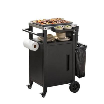 33.9 inch Outdoor Grill Cart with Drop Leaf, Outdoor Metal Bar Cart Pizza Oven Table with Wheels, Stainless Steel Top, Outdoor Kitchen Island with Storage Cabinet & Spice & Paper Rack for BBQ, Waterpr