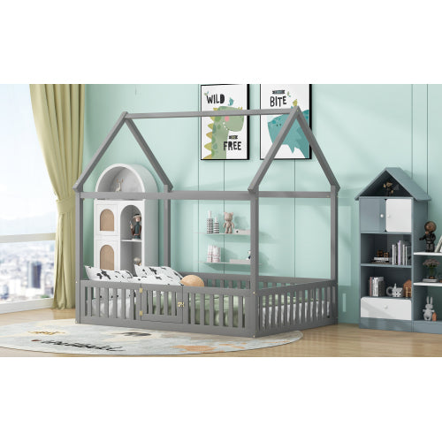 Full Size Wood House Bed with Fence and Door, Gray