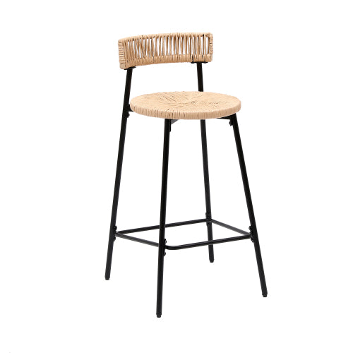 Hand Woven Bar Stools with Back Set of 2 Paper Rope Round Barstools with Footrest for Kitchen Island & Dining Rooms (Black & Honey)