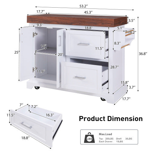 53 Inch Rolling Kitchen Island with Thick Top Drawers & Spice Rack White