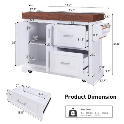 53 Inch Rolling Kitchen Island with Thick Top Drawers & Spice Rack White