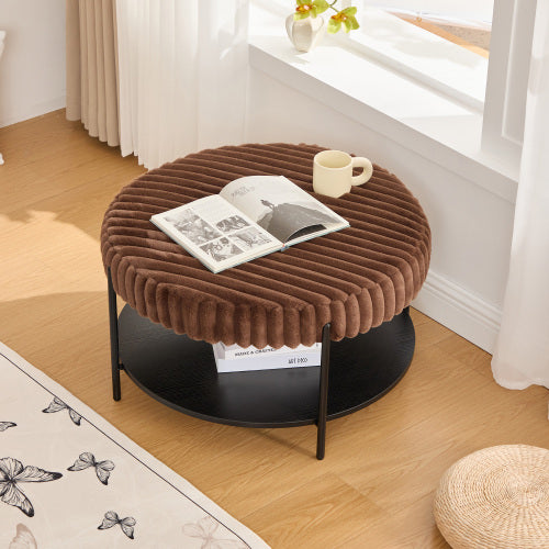 30.9 inch Round Faux Fur Ottoman Coffee Table with Storage Shelf