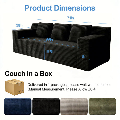 71 inch  Corduroy Modular L-Shaped 3-Seater Sofa, No Assembly Required