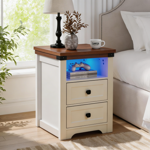 White Farmhouse Nightstand with Charging Station