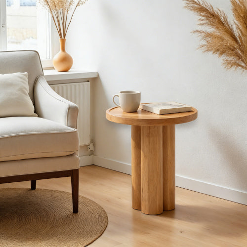 Round Solid Wood End Table Natural Oak Veneer Pedestal Side Table